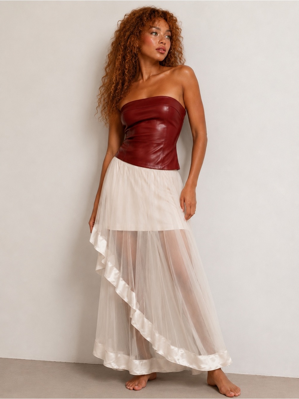 Cream Sheer High-Low Maxi Skirt with Satin Trim - Picture 3 of 4